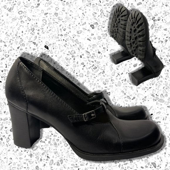 Nine West | Shoes | 9s Mary Jane Black Leather Vintage Tstrap Lug Sole Pumps Chunky High Heel 